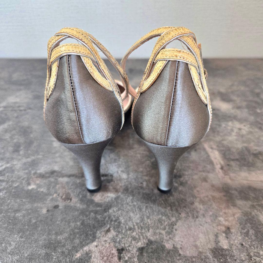 美品 PRADA プラダ パイソンコンビ サテンパンプス 22.5cm ゴールド