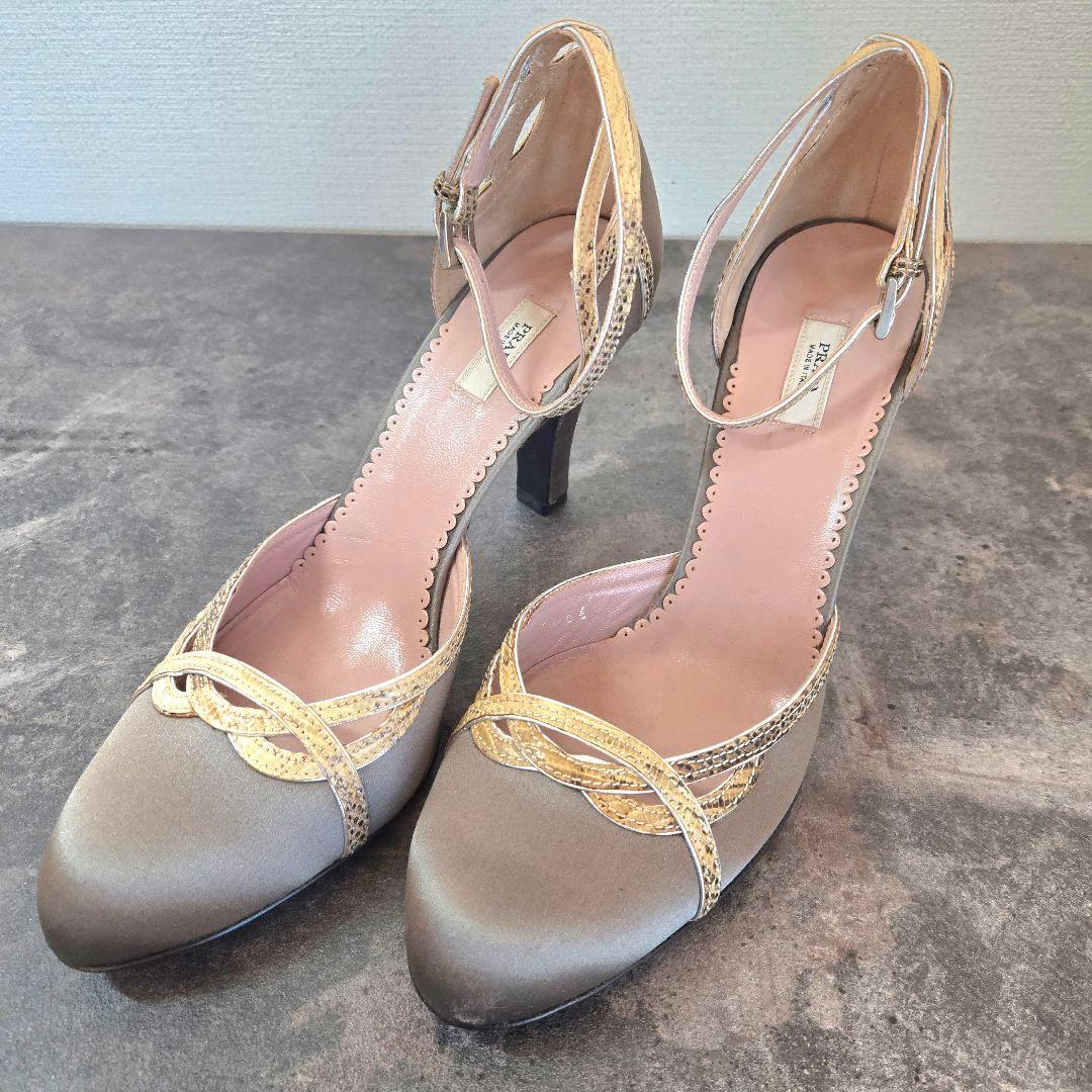 美品 PRADA プラダ パイソンコンビ サテンパンプス 22.5cm ゴールド