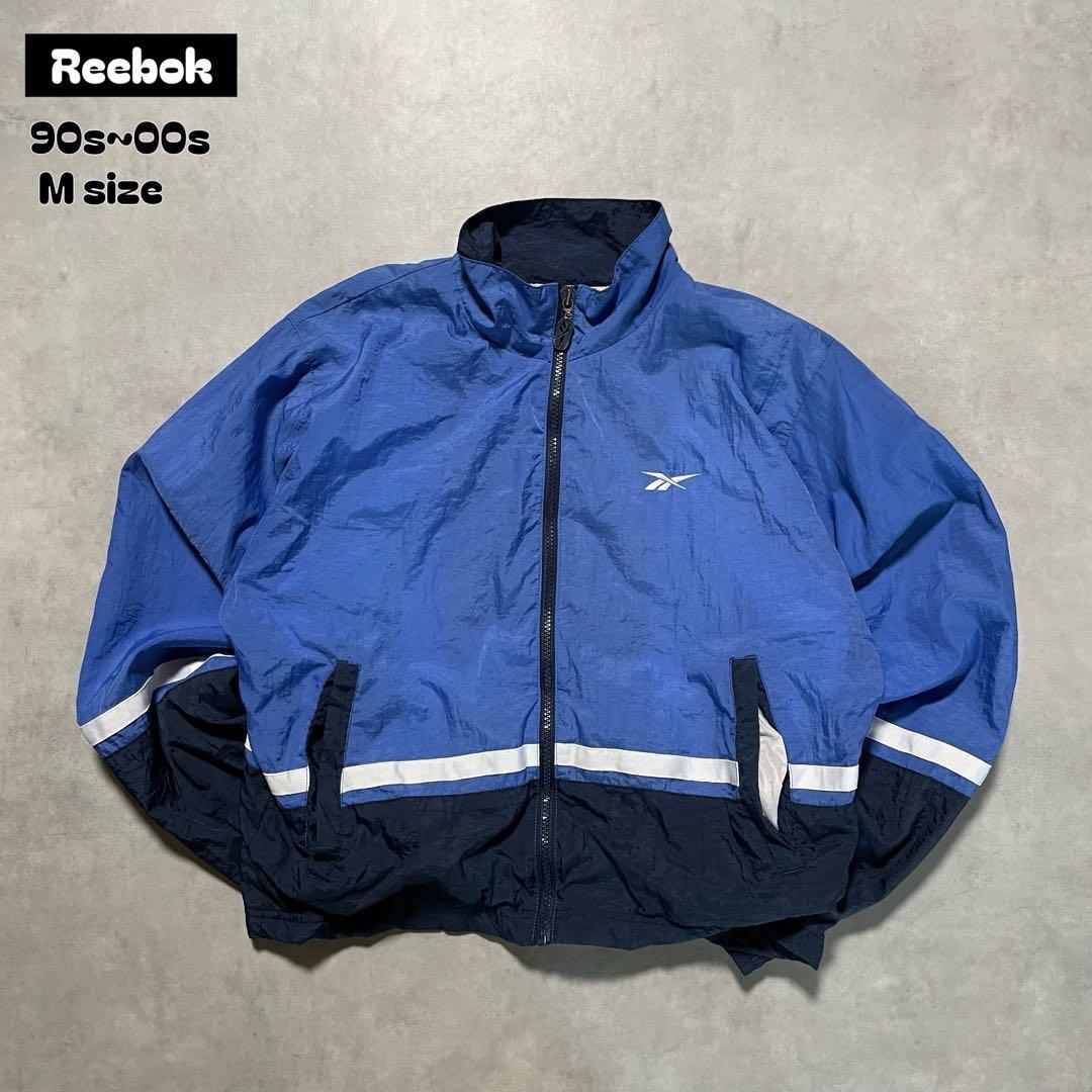 90s~00sReebokナイロンジャケット刺繍ロゴ短丈配色切替ブルーMサイズ