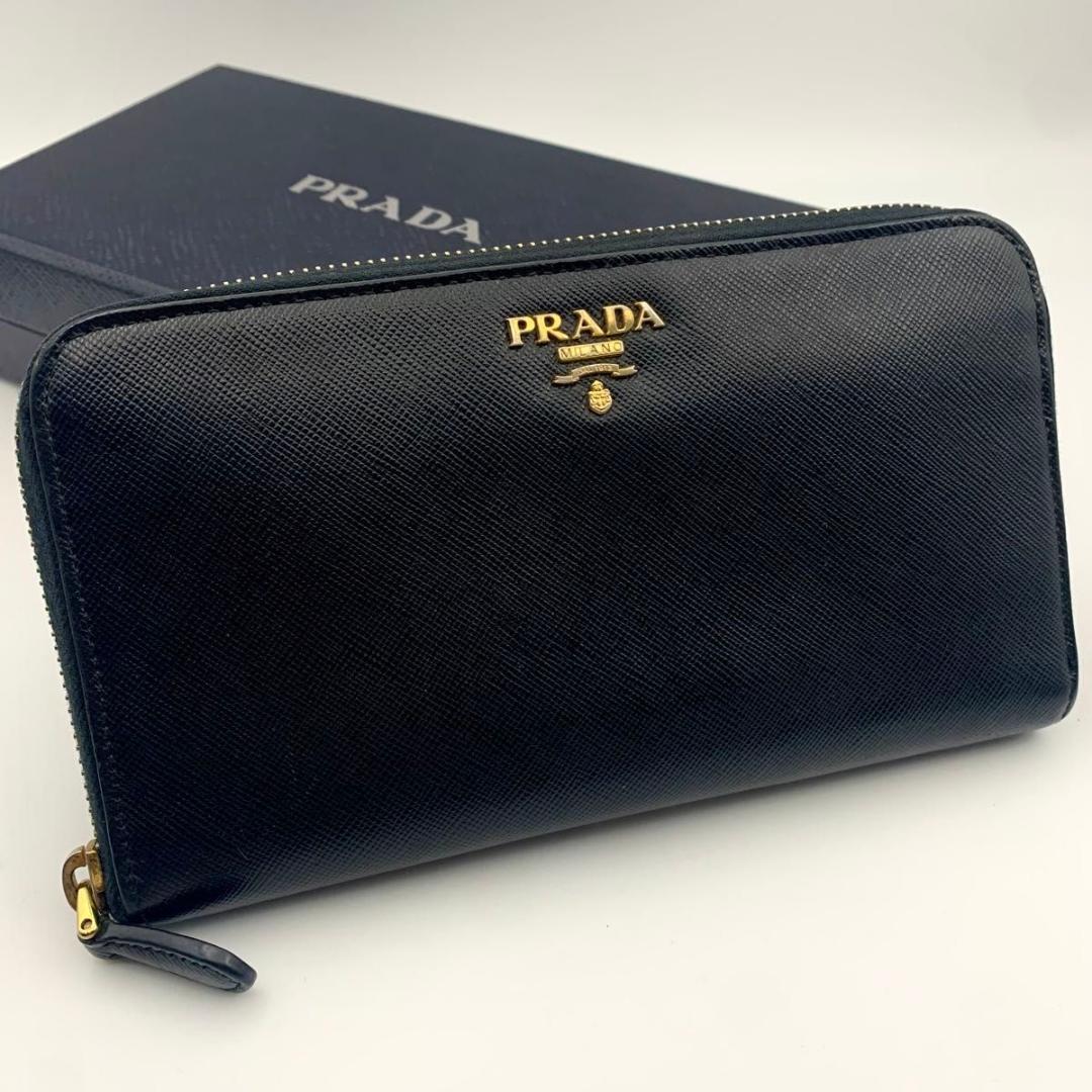 鑑定済み プラダ 長財布 ラウンドファスナー サフィアーノ レザー 黒