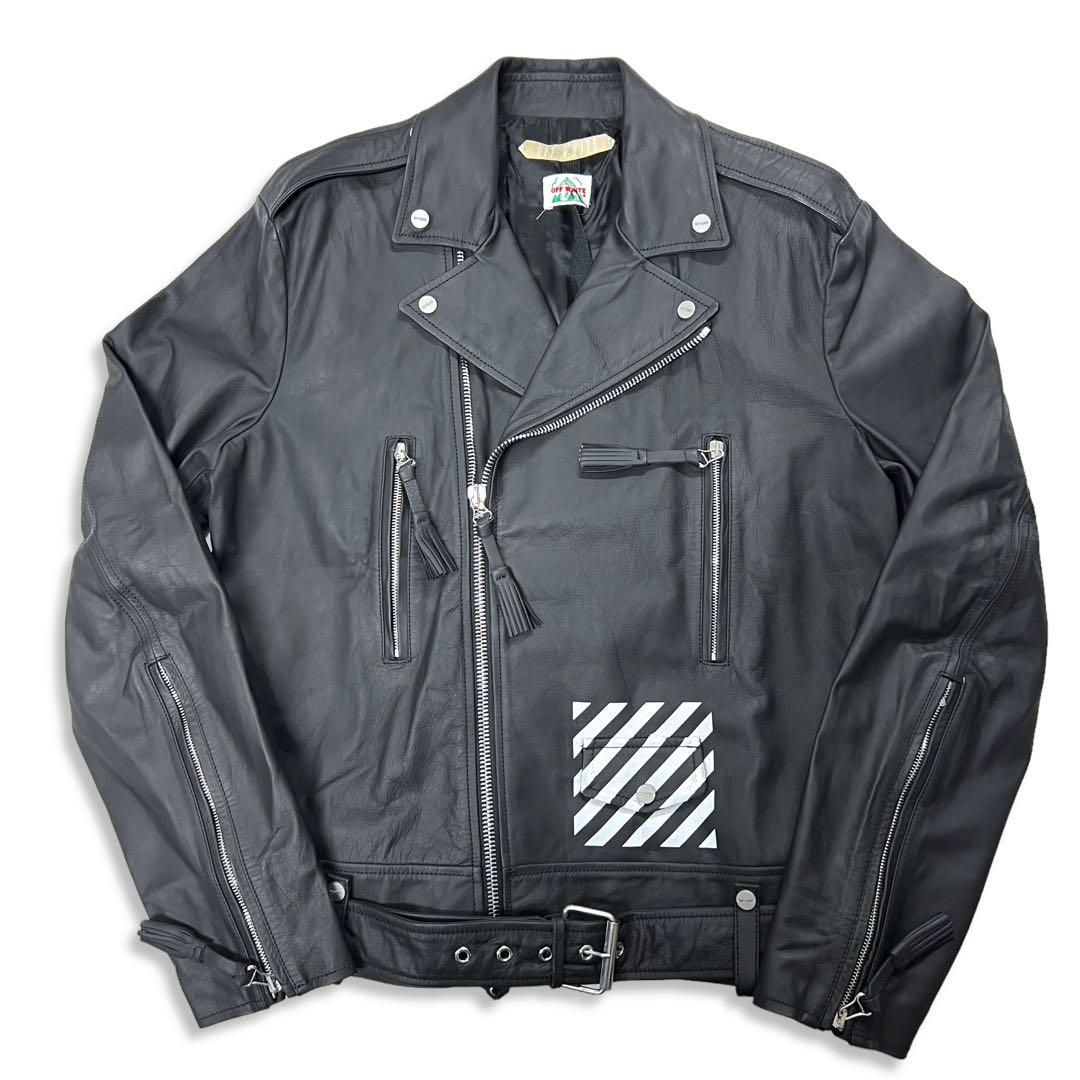 新品 稀少 off-white オフホワイト レザーライダースジャケット L