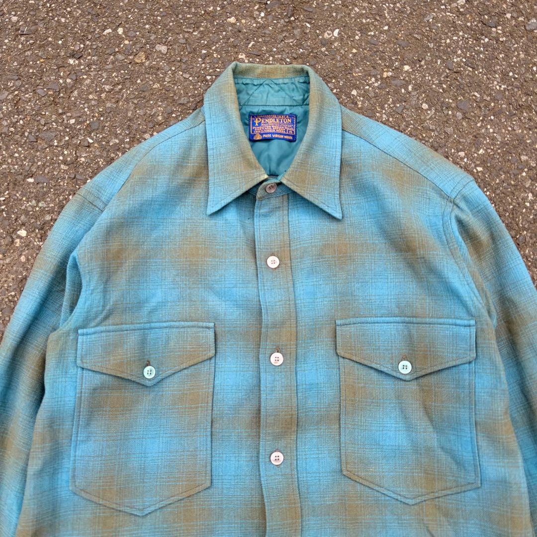 60s- ペンドルトン ウールシャツ オンブレチェック ブルー系 好配色