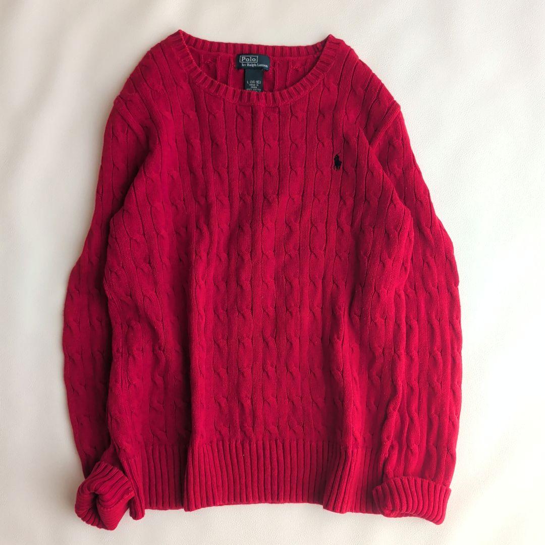 ポロラルフローレン クルーネック ケーブルニット ポニー刺繍 赤L