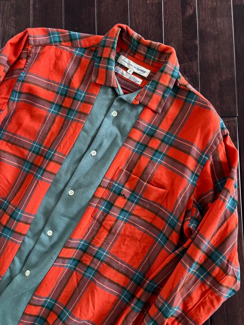 コムデギャルソンシャツ/90s オープンカラーSH チェック ウール 橙色 M