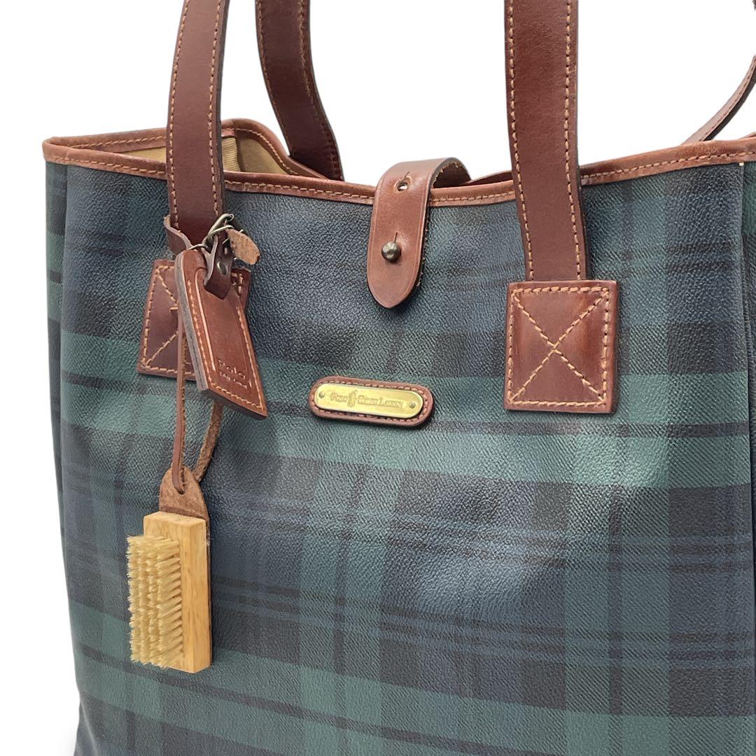 美品 ポロラルフローレン チェック柄 トートバッグ 肩がけ 深緑 PVC