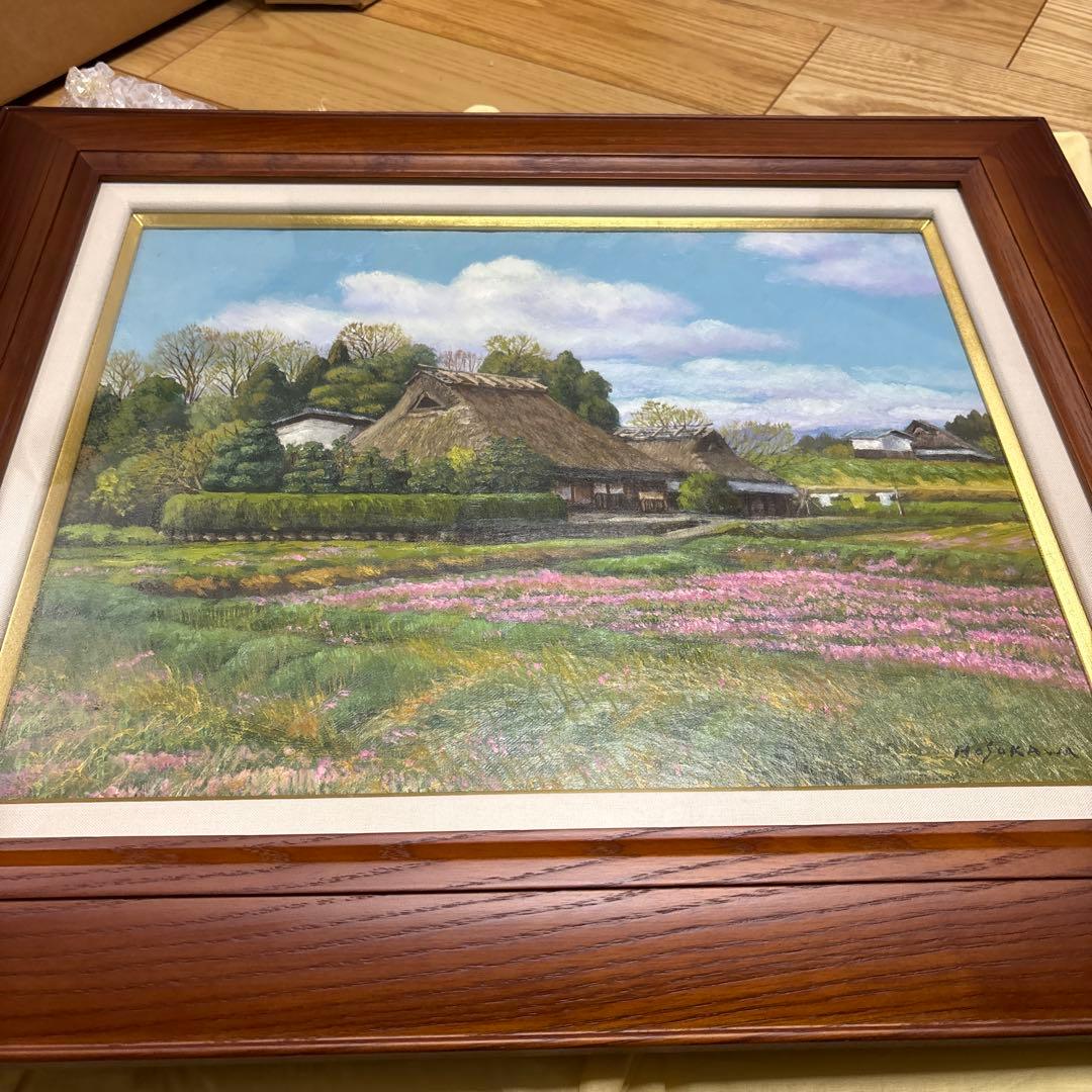 細川進レンゲ花と民家風景画　F6号油絵　絵画　油彩画