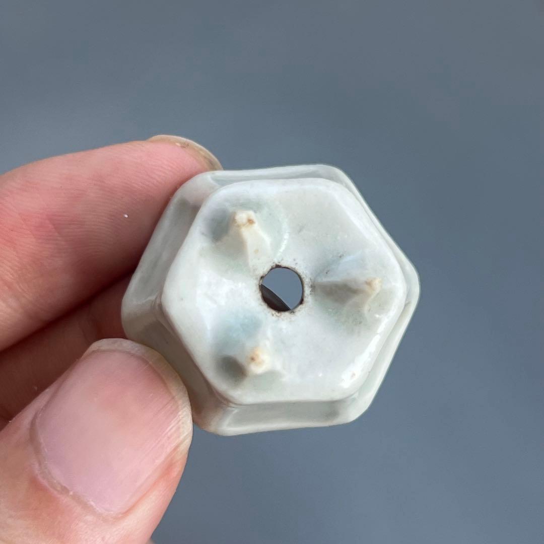 773.夢陶 青釉額入六角豆鉢 盆栽鉢 植木鉢 3*2.8*2.1cm