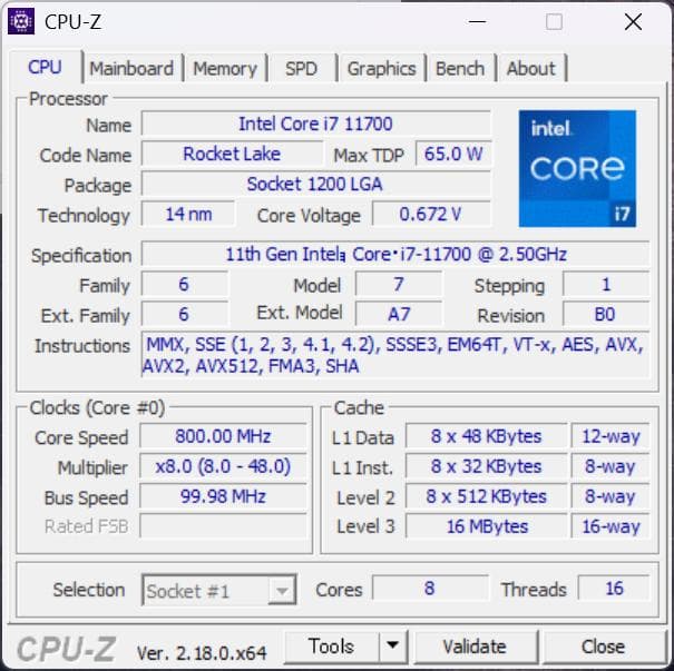 【中古】Intel Core i7-11700 CPU 2.50GHz