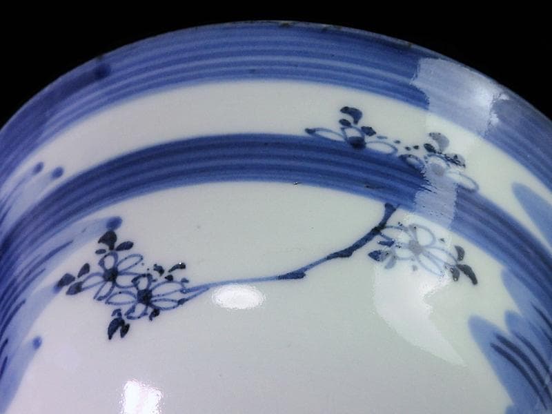 古伊万里 染付 輪線 桜花紋に霞の図 蓋茶碗 E864AS-COh