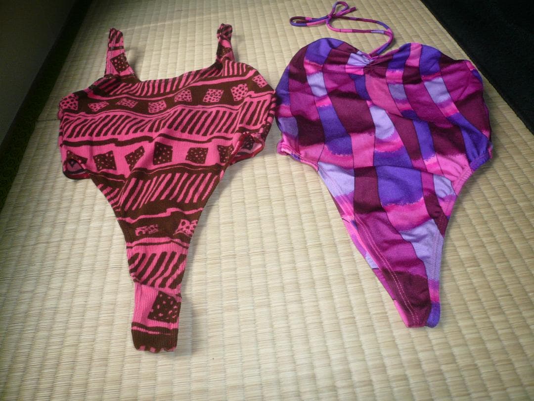 珍しい！アシックス製 超ハイレグレオタード水着 RQ＆紫柄ホルターネック水着