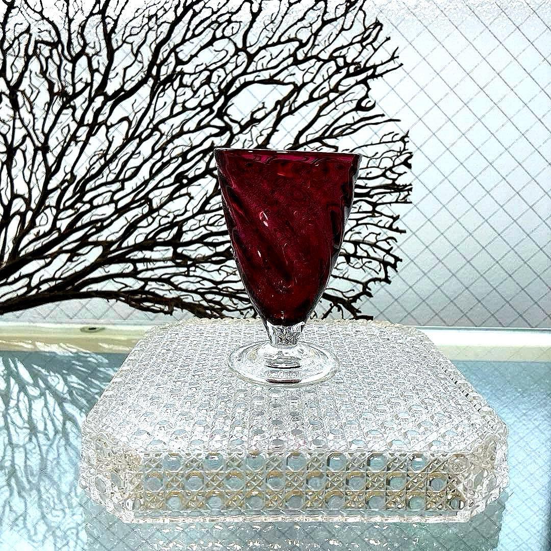 骨董 時代 希少金赤ガラス モールガラス調 流線型 アイスコップ ウラン③