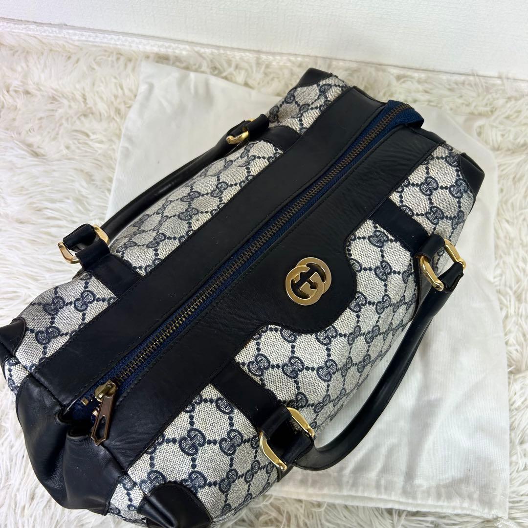 美品 GUCCI バンド ボストンバッグ gg シェリー PVC ネイビー大容量