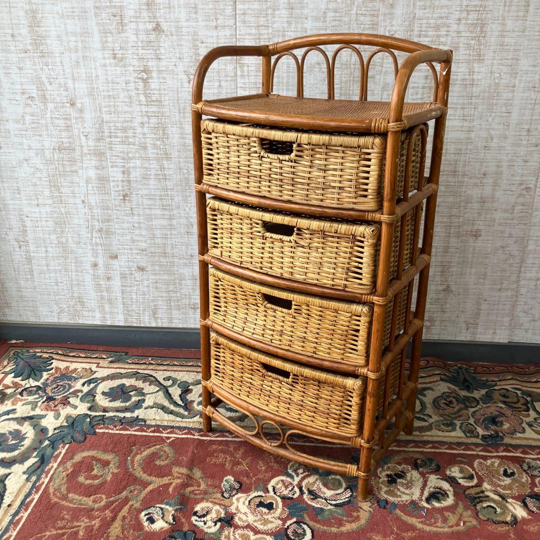 昭和レトロ ラタンチェスト 4段 引き出し箪笥 古家具 ビンテージ