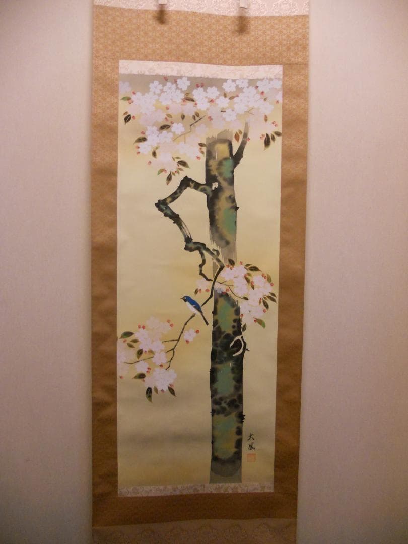 掛け軸 小川大鳳 作『 桜に瑠璃鳥 ルリチョウ 』絹本 希少 茶道具 掛軸