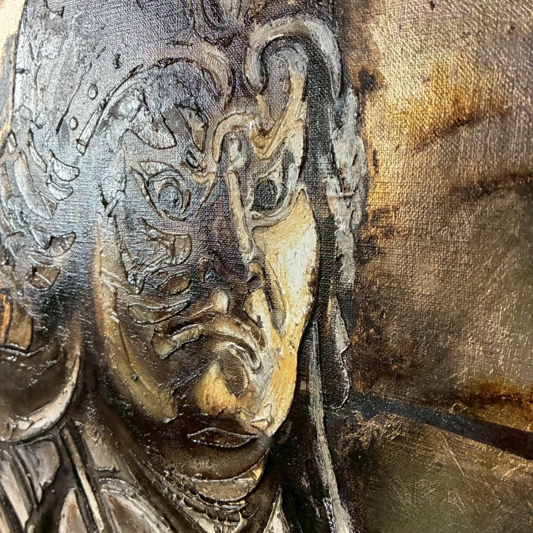 美品 佐々木英夫「持国天 立像 戎壇堂」油彩 大作 1988年作 銀箔仕様