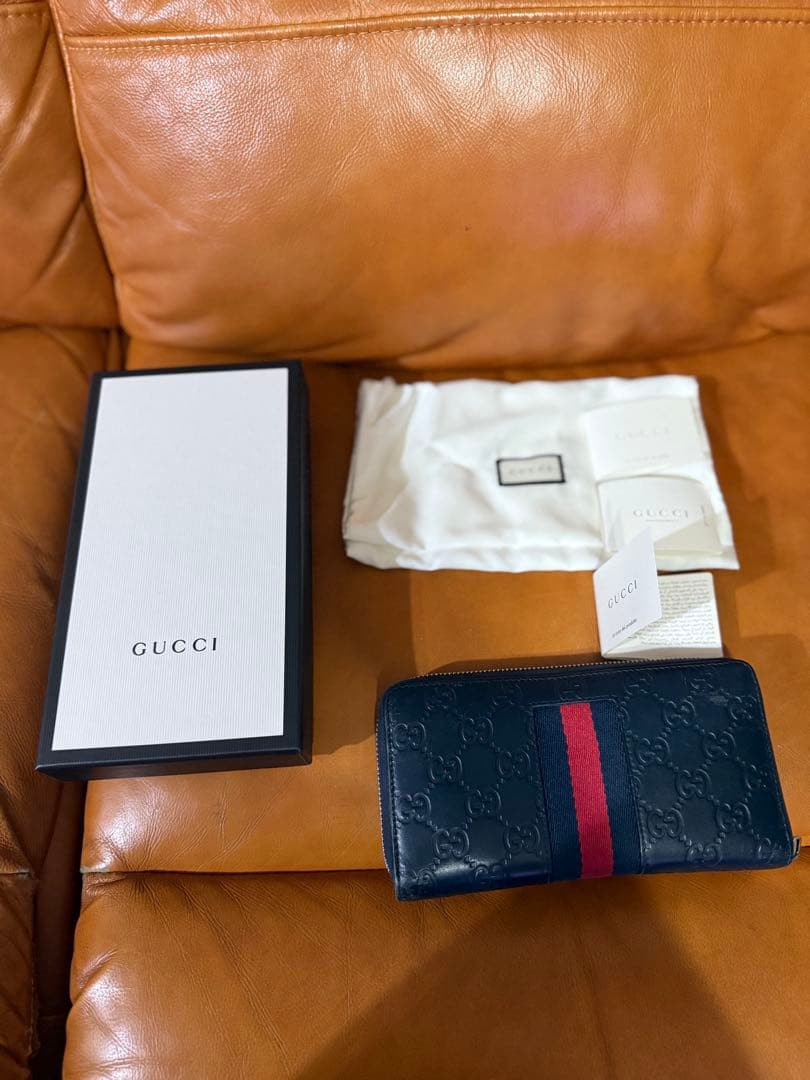 GUCCI長財布 シェリーライン GG柄シマ レザーネイビー - メルカリ