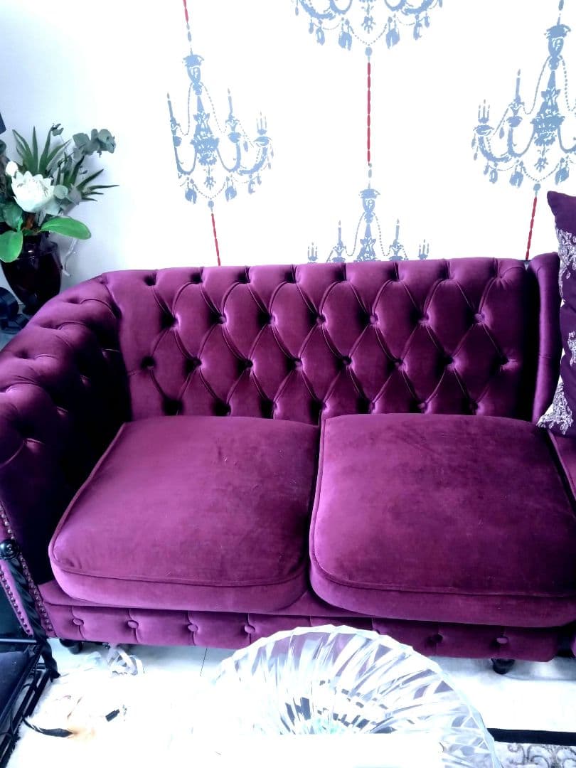 超美品 ヴィンセント パープル ベルベット ボタン留め 2人掛ソファ✕2