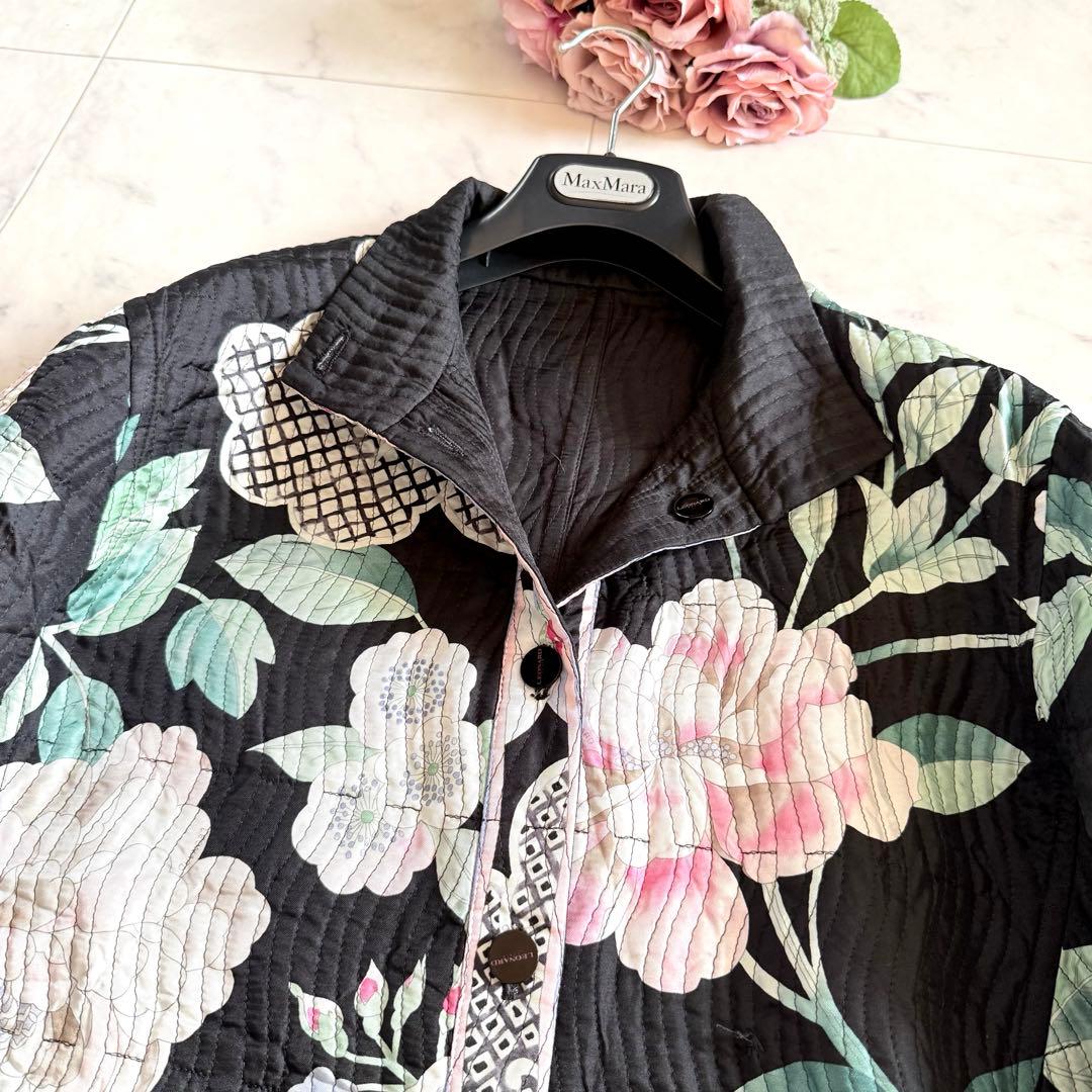 希少☆レオナール リバーシブル ロングコート 花柄トリム 蝶 大きい