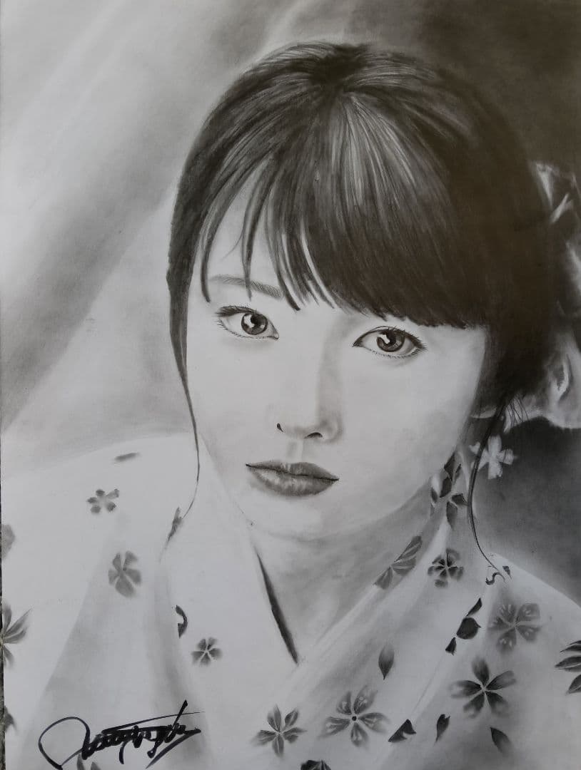 女性の肖像 鉛筆画 花柄着物 A3上質ケント紙 - メルカリ