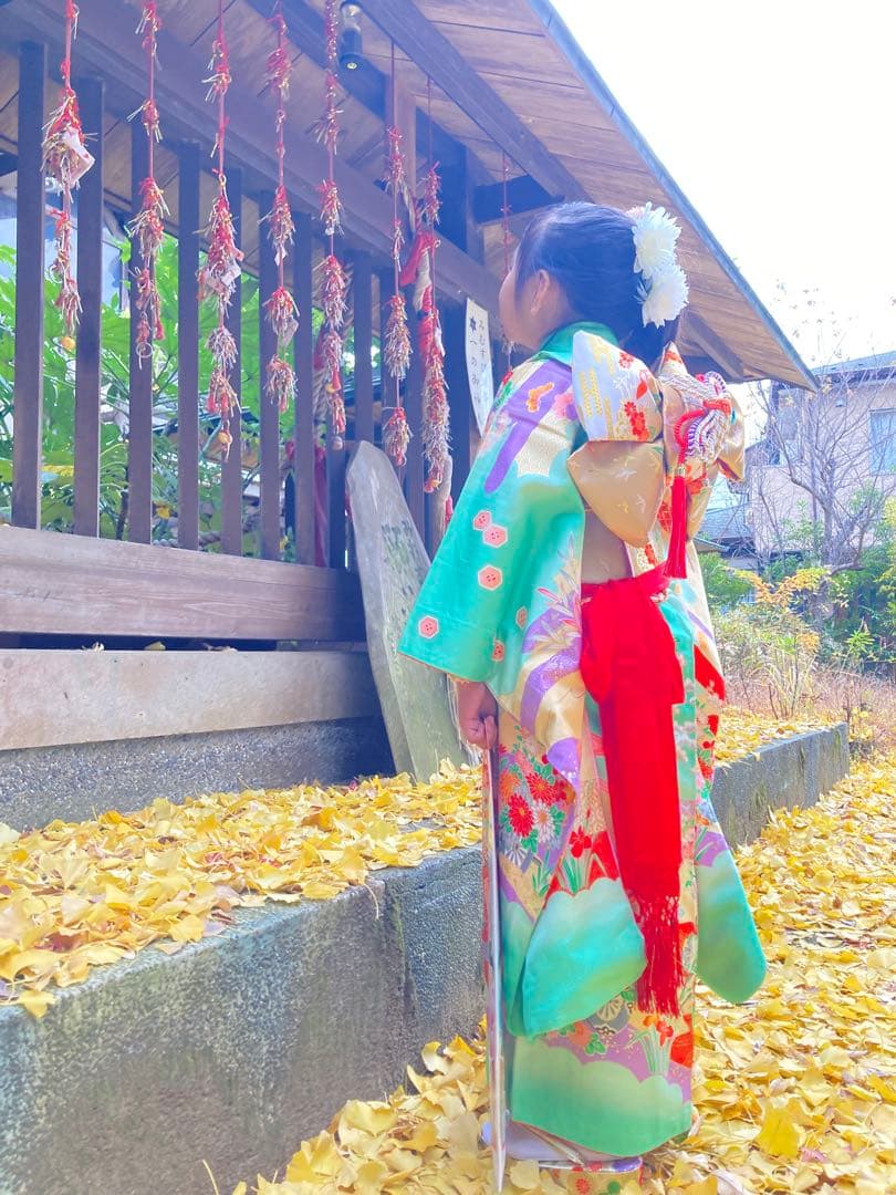 エメラルドグリーン 正絹着物 七五三 7歳 女の子 帯・はこせご一式セット