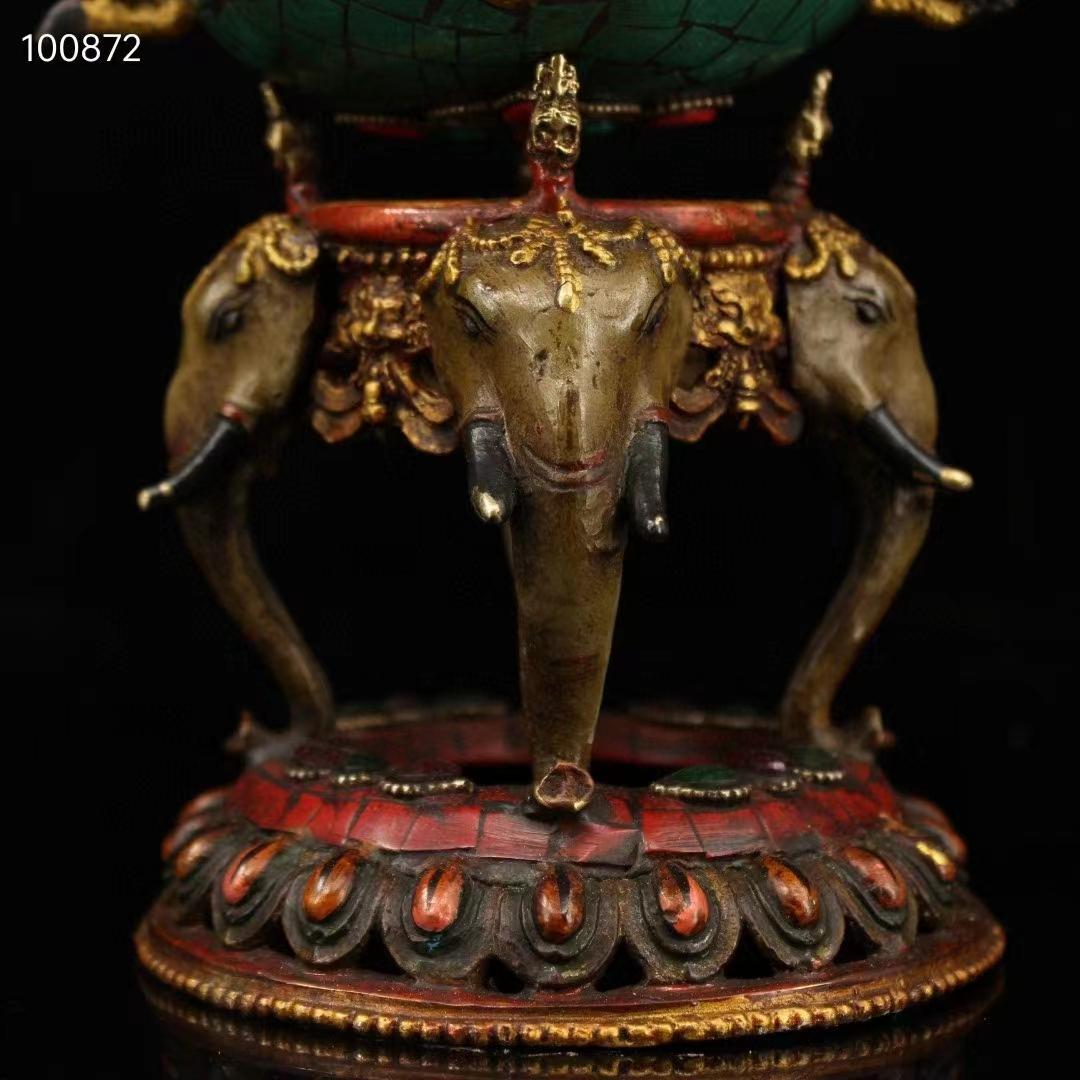 中国古美術・老純銅製・純手作り・鎏金高浮彫香炉・镶嵌宝石 ・熏香炉