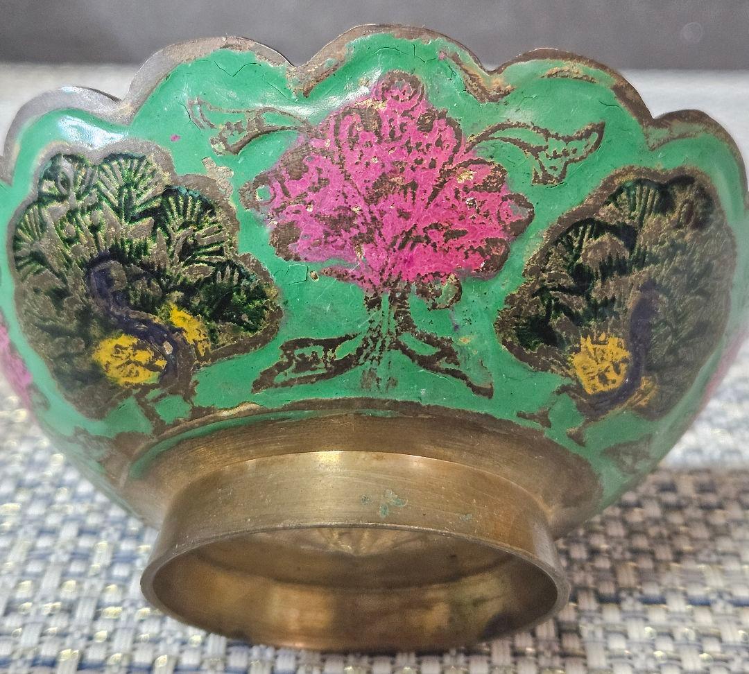 中国古美術 清朝 清代 古七宝 緑地彩色 孔雀に花図 盃 ぐい呑 酒杯 酒