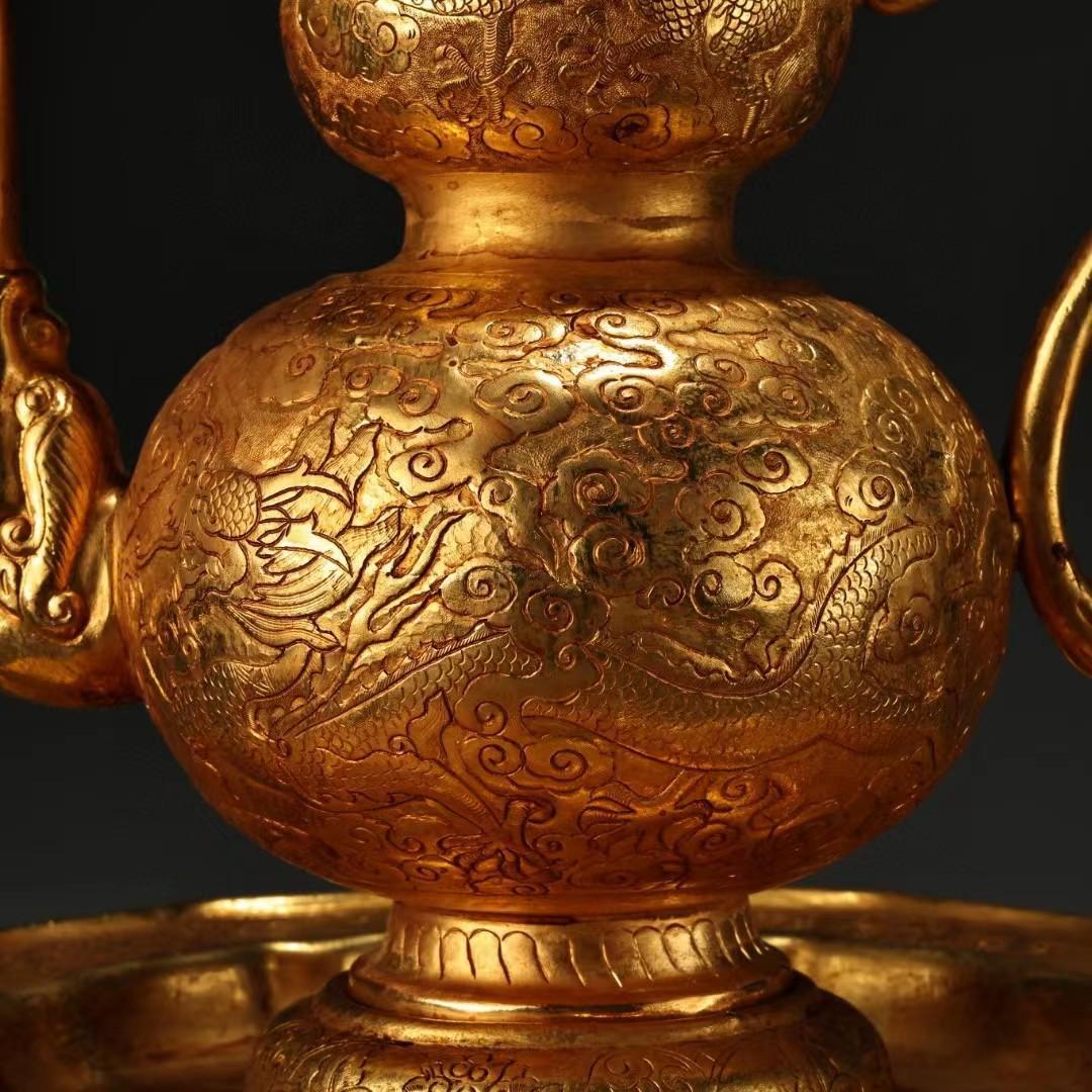 中国古美術・龍葫蘆の酒壺と皿・古い純銅鎏金细密彫・純手作り・高浮彫