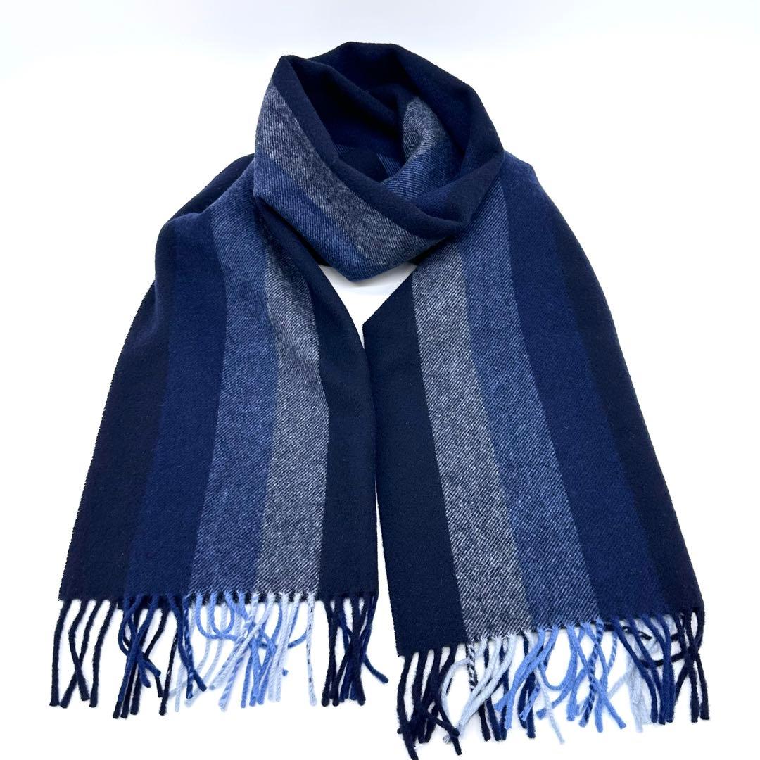 極美品✨dunhill ダンヒル ウールマフラー ストライプ ネイビー 英国製