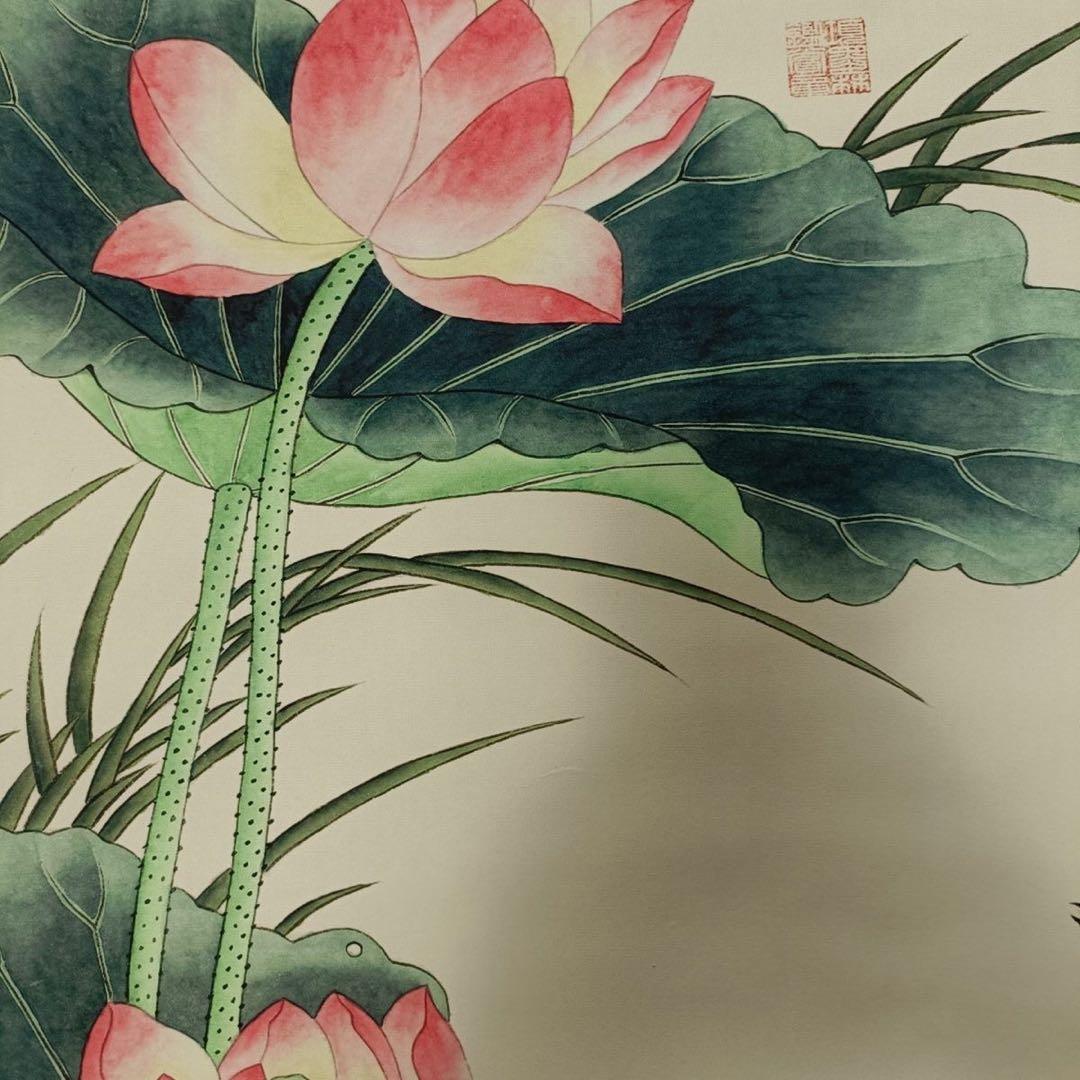 三尺中堂 中国伝統 花鳥画 荷花双鴛 掛け軸 宋代宮廷