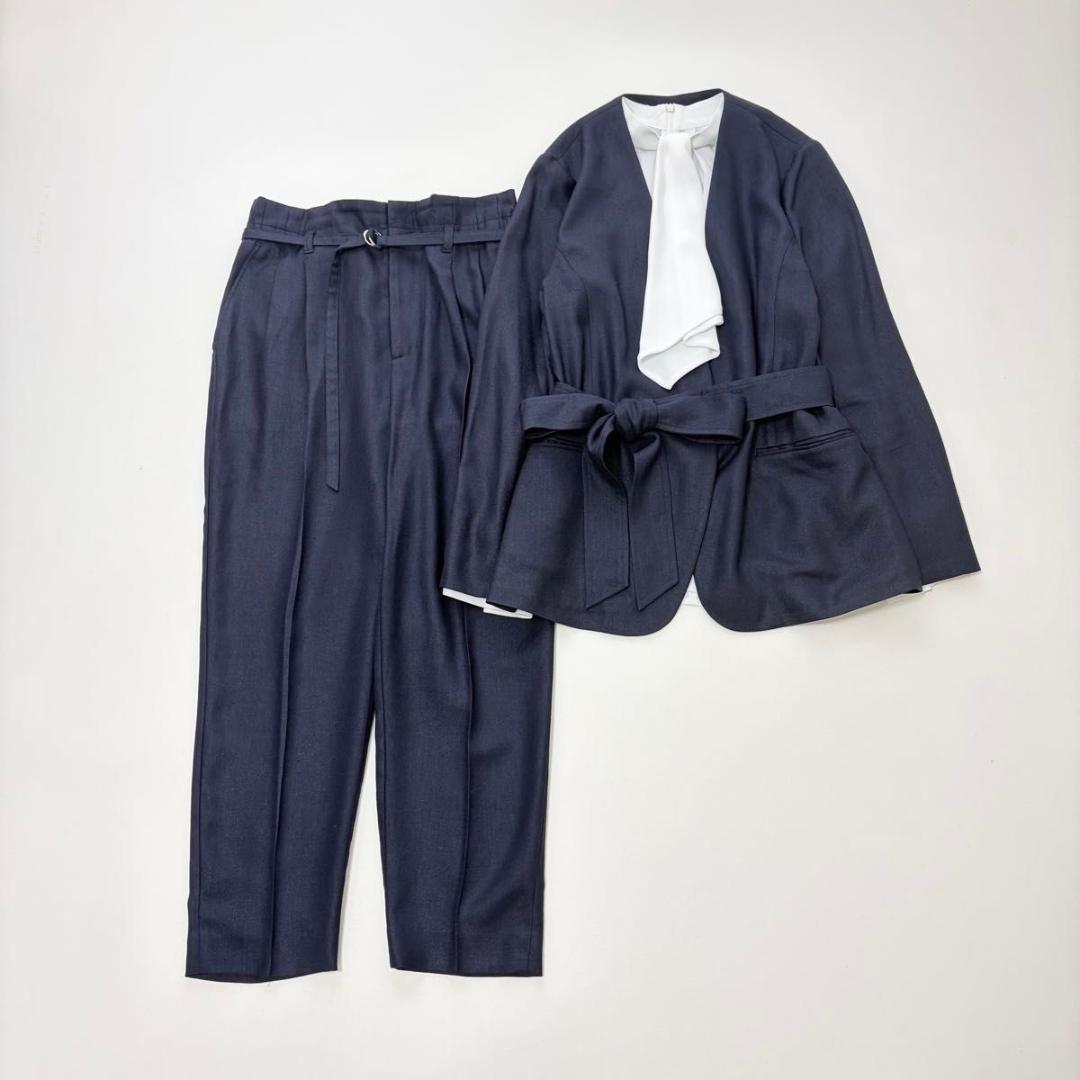 グリーンレーベル】パンツスーツ リネンライク ノーカラー パンツ 38