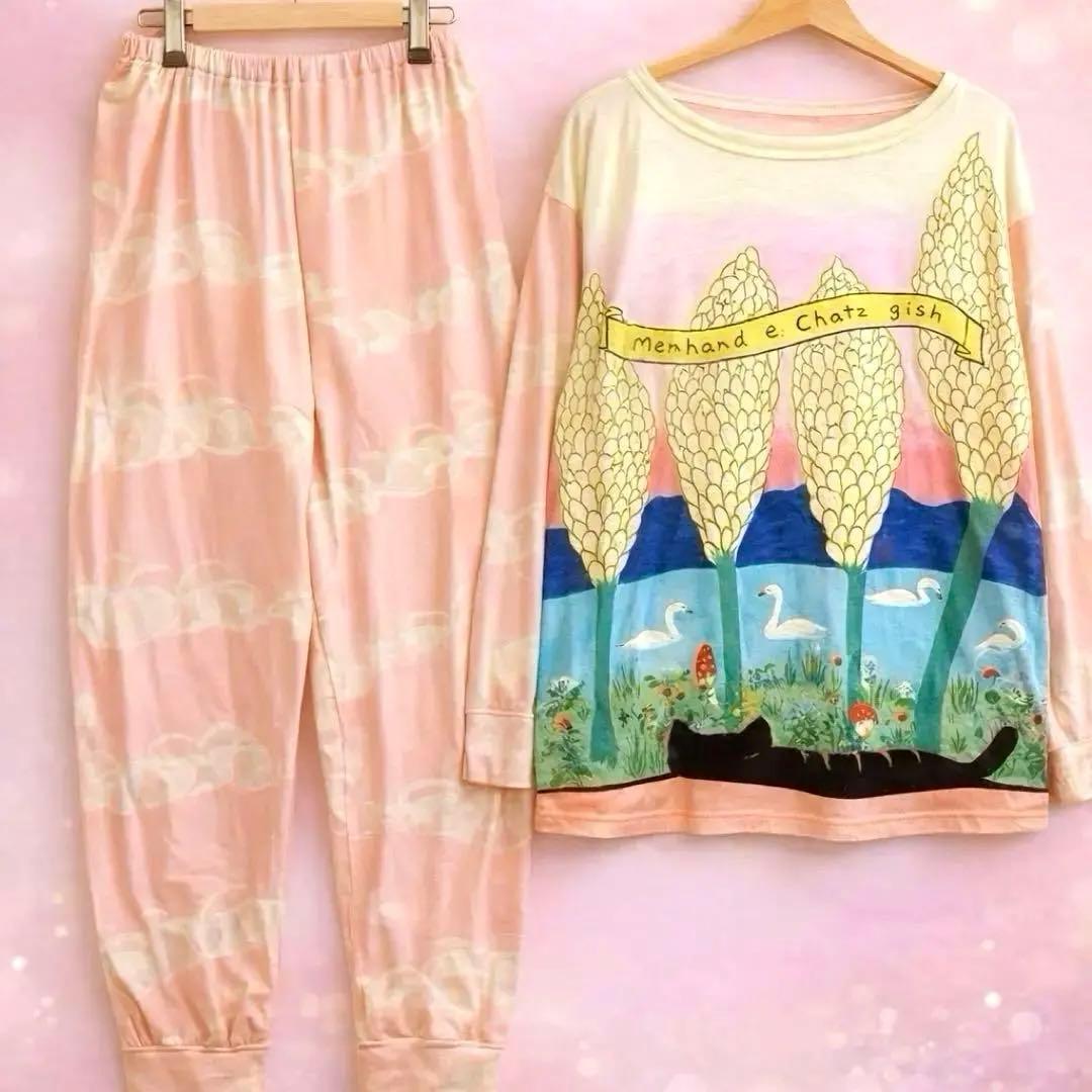 美品】 ツモリチサト スリープ 綿100% パジャマ 白鳥 ネコ 猫 ピンク