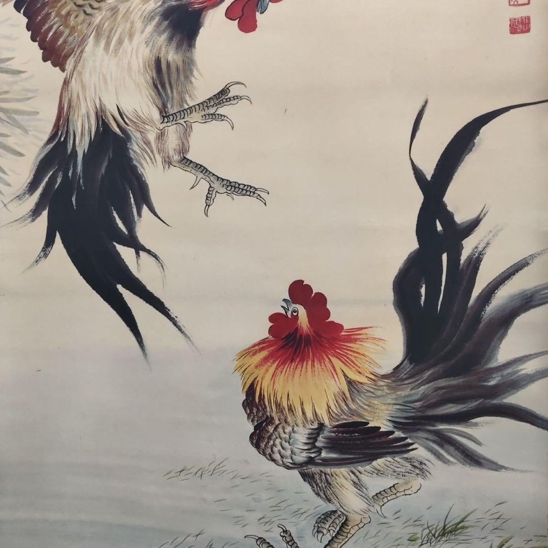 徐悲鴻《雄鶏図》　四尺中堂　掛軸　中国名人書画　絹本 壁掛け装飾