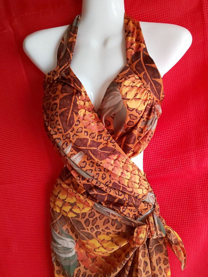 水着 ワンピース ハイレグ パレオ レオパード フルーツ ブラウン 体型カバー