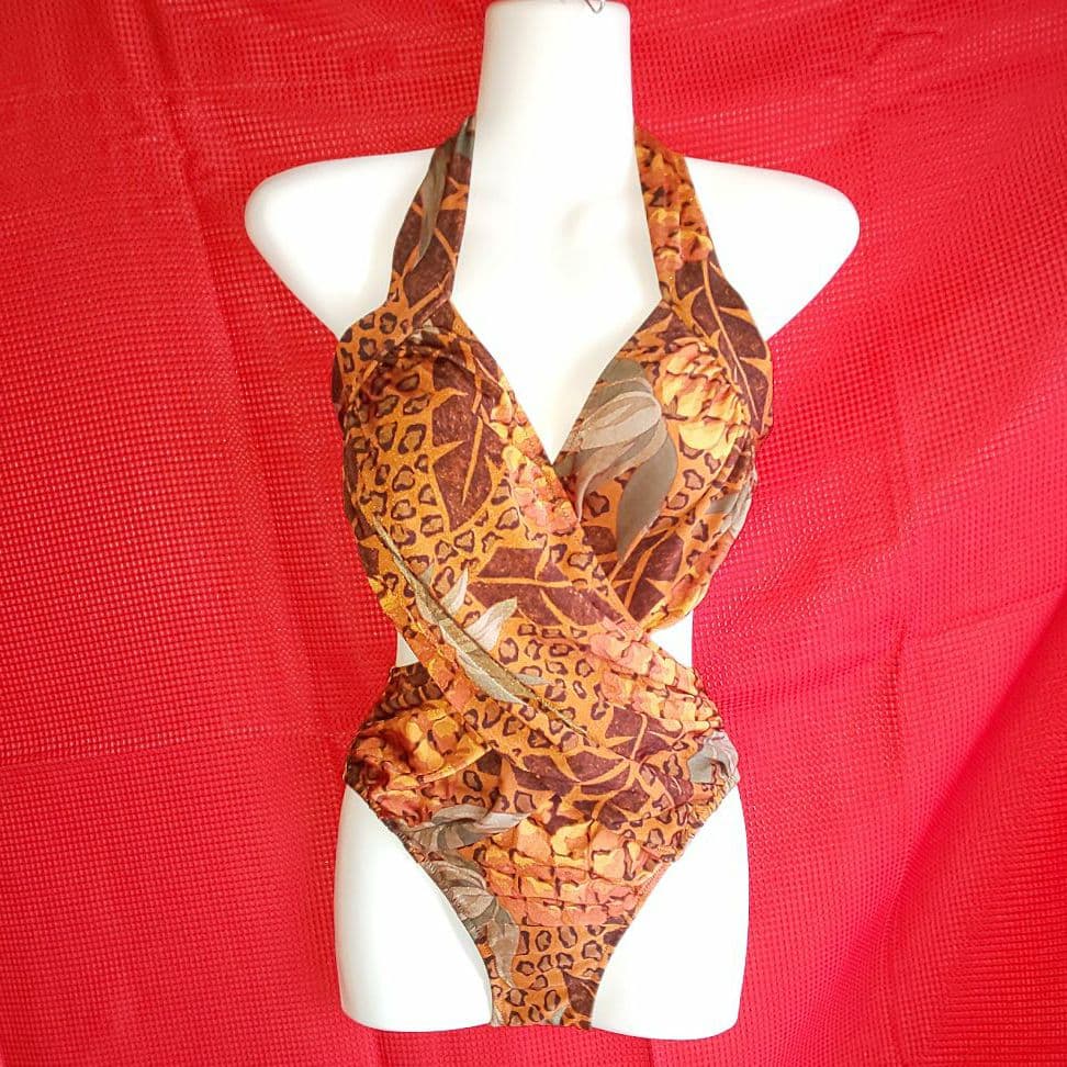 水着 ワンピース ハイレグ パレオ レオパード フルーツ ブラウン 体型カバー