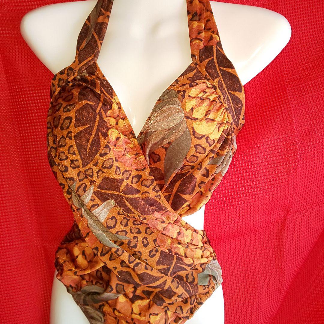 水着 ワンピース ハイレグ パレオ レオパード フルーツ ブラウン 体型カバー