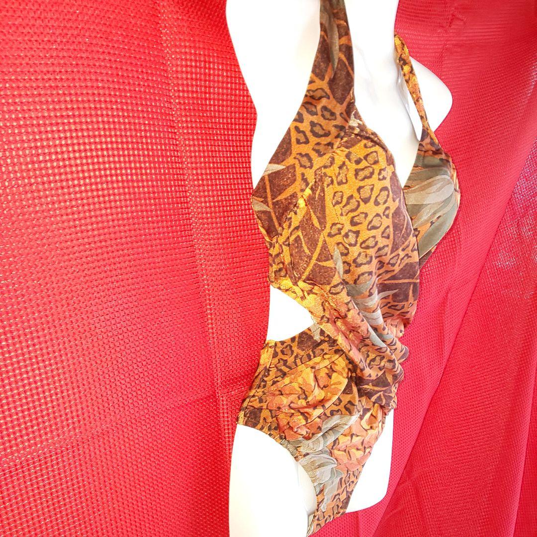 水着 ワンピース ハイレグ パレオ レオパード フルーツ ブラウン 体型カバー