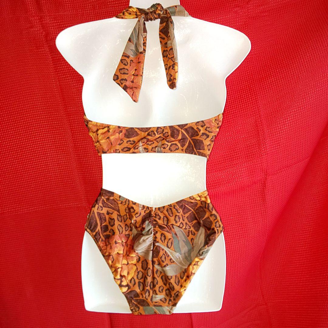 水着 ワンピース ハイレグ パレオ レオパード フルーツ ブラウン 体型カバー