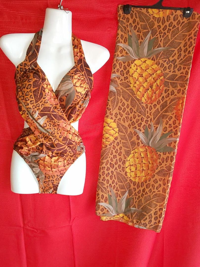 水着 ワンピース ハイレグ パレオ レオパード フルーツ ブラウン 体型カバー