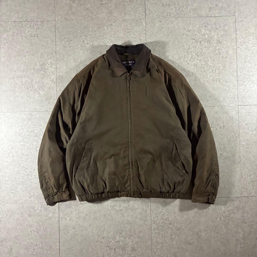 90s DOCKERS襟レザー中綿ブルゾンハリントンジャケットフェード短丈 90s DOCKERS 襟レザー中綿ブルゾン フライトジャケット ハリントン