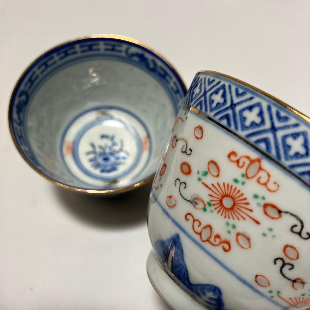 中国茶器 景徳鎮 急須湯のみ5客 青花 蛍手 ホタル焼 オレンジ 透かし彫