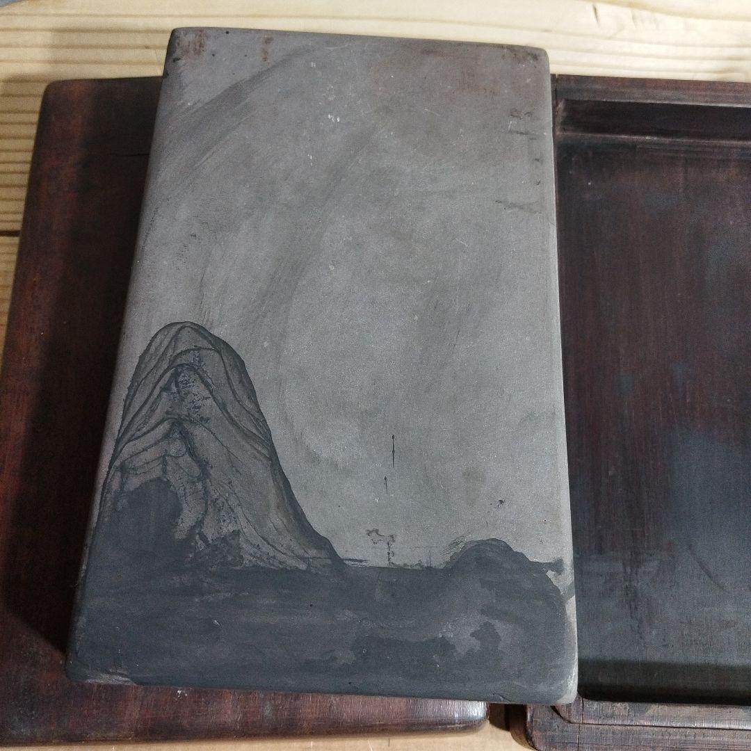 木製 硯箱 魚の彫刻 硯