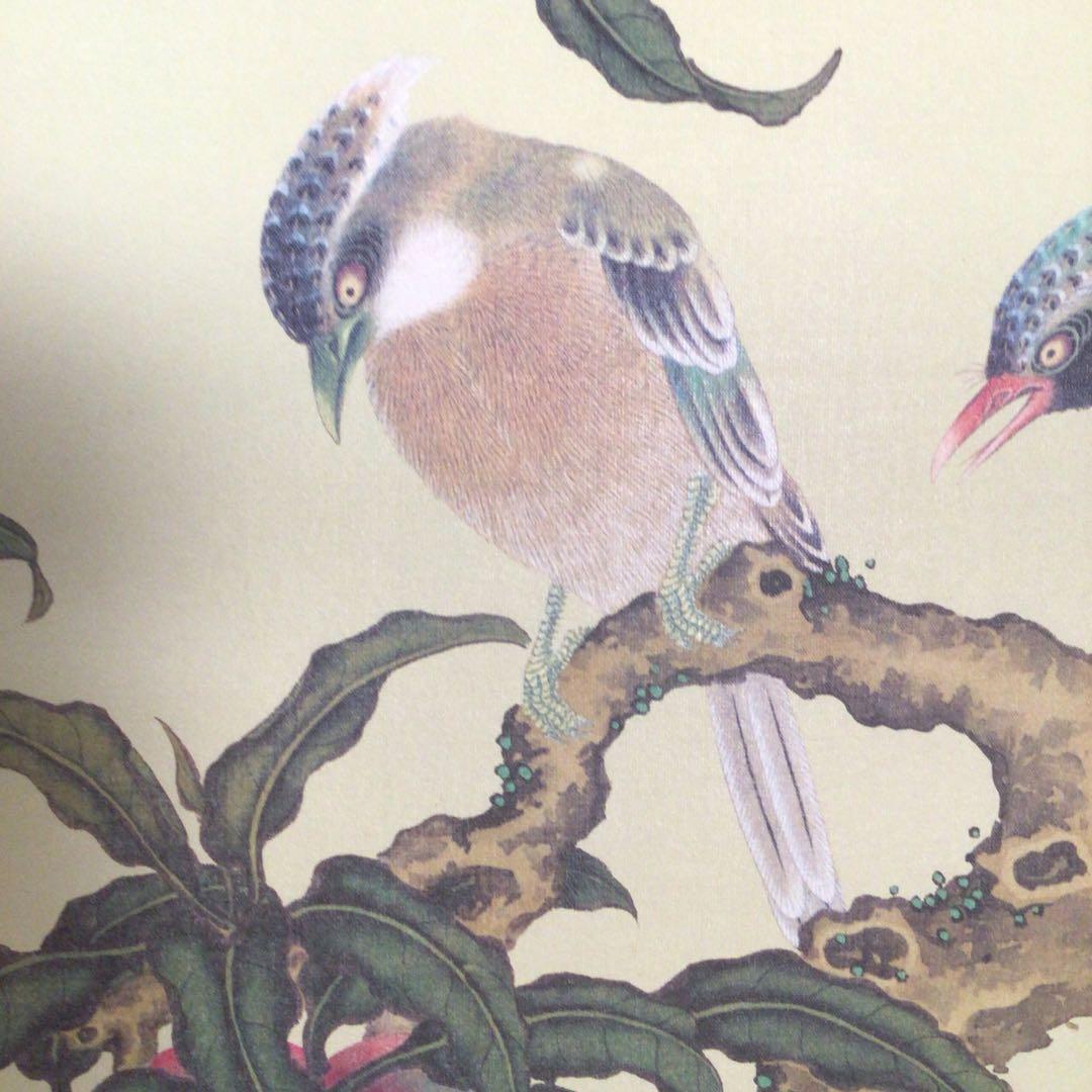 No4730掛軸 熊代熊斐「桃樹山鵲図」 絹本 共箱/タトウ箱 複製 送料無料