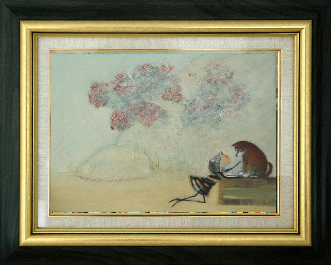 油絵菅家令子 絵 絵画インテリア額付(青緑＋金色の枠)uF6-071619