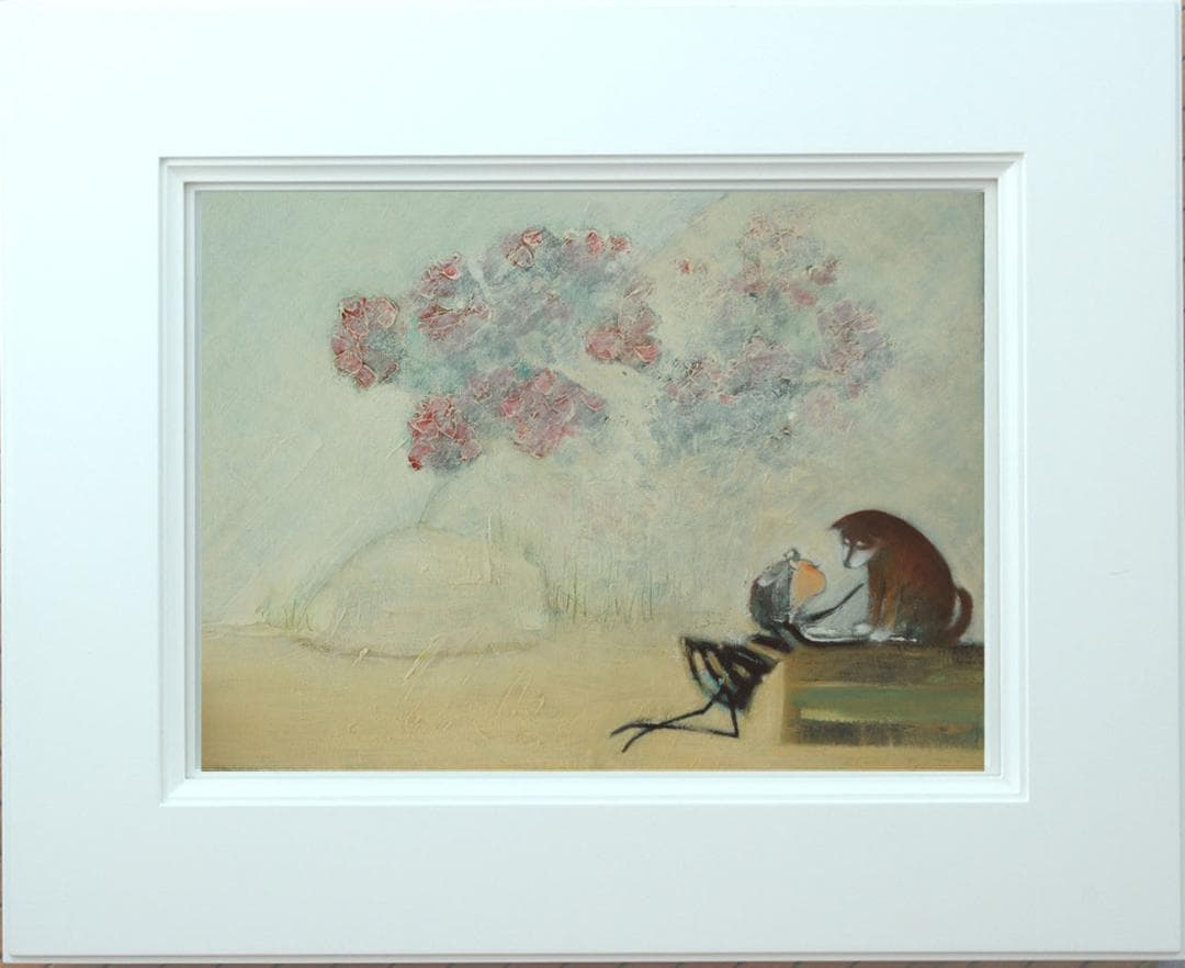 油絵菅家令子 絵 絵画インテリア額付(青緑＋金色の枠)uF6-071619