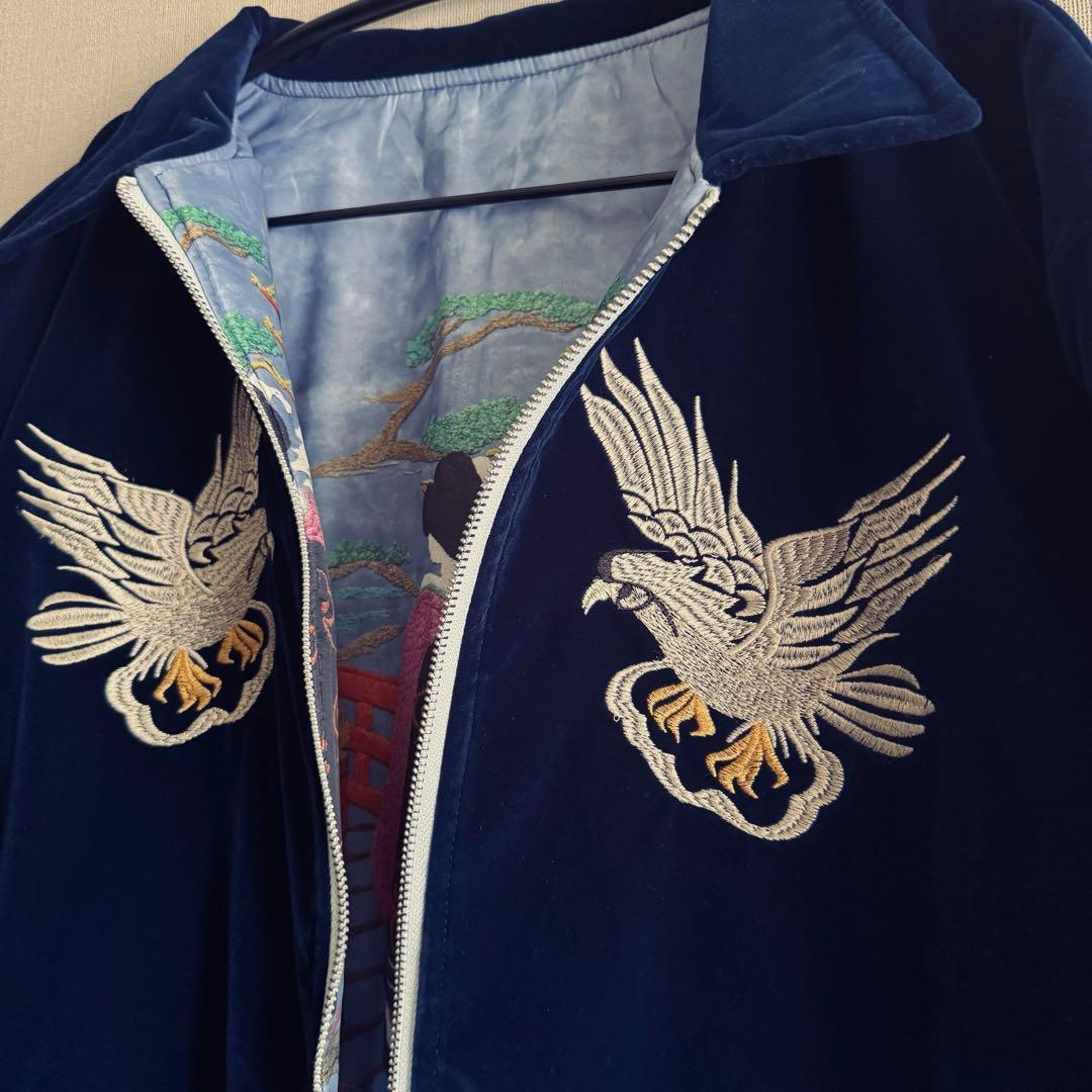 50s復刻 ベルベットスーベニアジャケット 刺繍ドラゴン鷲 ネイビーXL