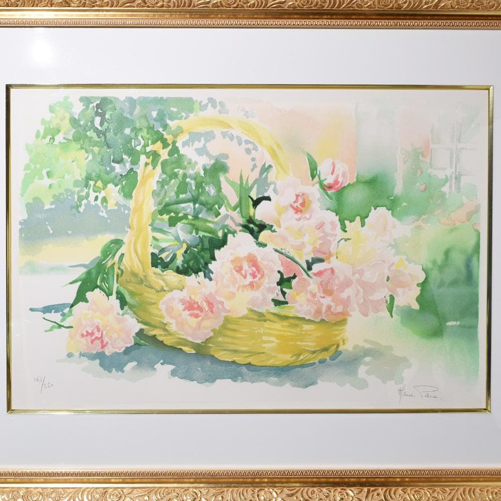 フランス画家 マリー・パラ 芳薬の花篭 水彩画 額装 絵画