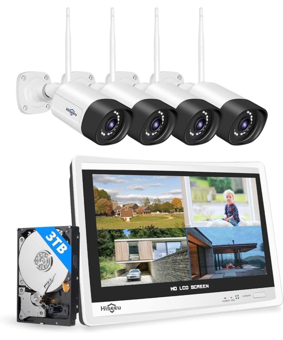 防犯カメラ 12インチLCD液晶モニタ一体型NVR ワイヤレスカメラ4台セット Amazon.co.jp: 【双方向の音声・防犯対策助成金あり】防犯カメラ