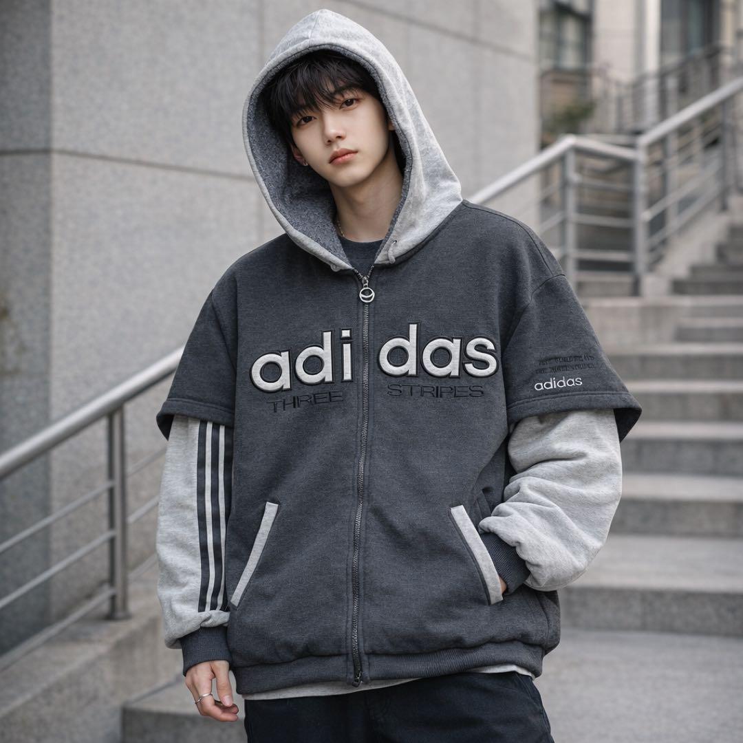 adidas 80s デサント製 レイヤードパーカー 裏ボア 中綿 キルティング