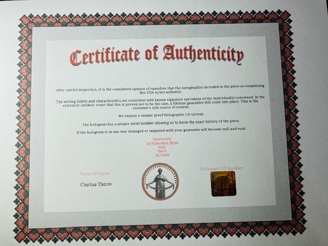 シャーリーズ・セロン 直筆サイン入り写真 保証書 マッドマックス HZx3