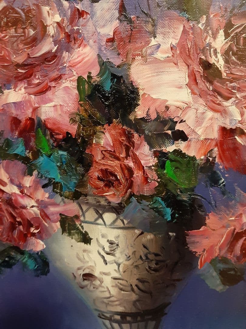 バラ 薔薇 花束 油彩画 金色フレーム 油絵　作者不明　花瓶